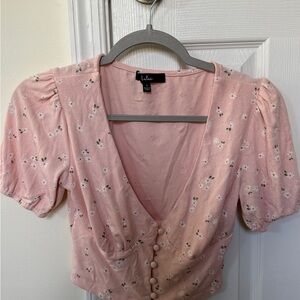 Lulu's Blush Pink Floral Button-Up Crop Top
